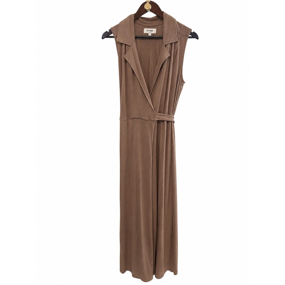 Porridge Maxi Dress Womens Large Brown EUC Sleeveless Wrap Tie Waist Lapel